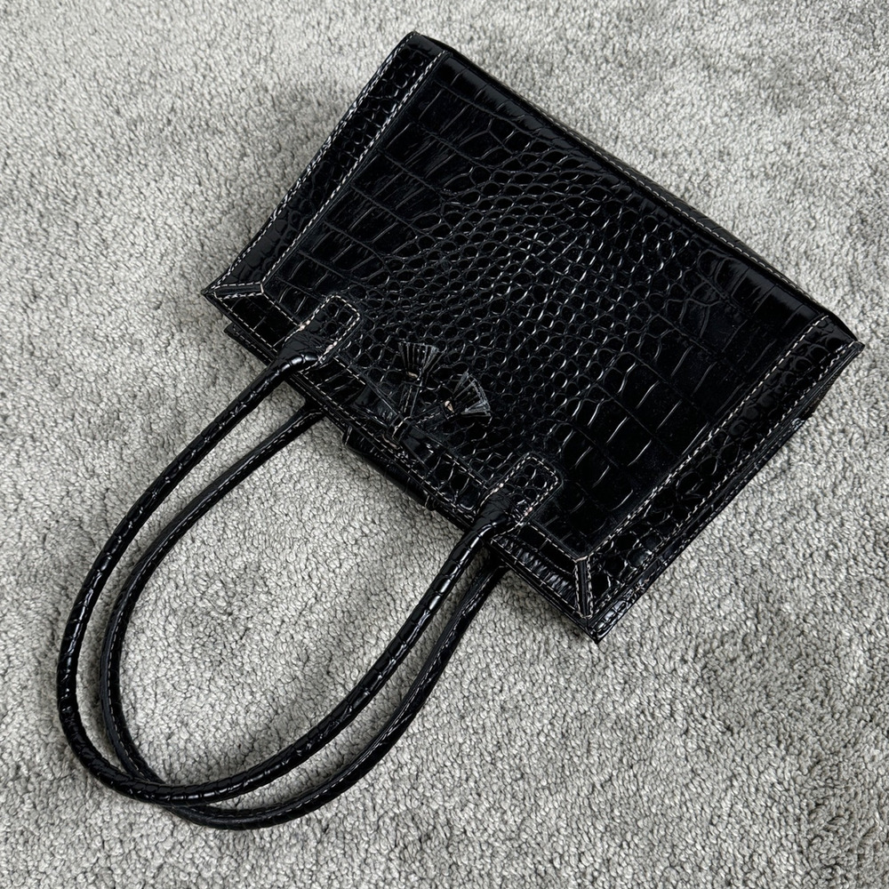 y2k 00s Vintage Liz Claiborne Purse Black Croc Mini Top Handle Bag w/ Bow Tassel - Picture 11 of 12
